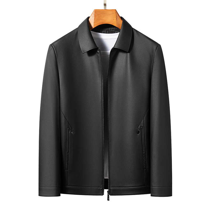 2025春季新款男士高档时尚商务休闲翻领牛皮皮夹克-2