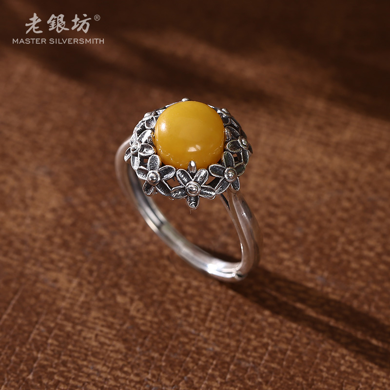 【老银坊】足银复古蜜蜡花朵圆形戒指 00311527