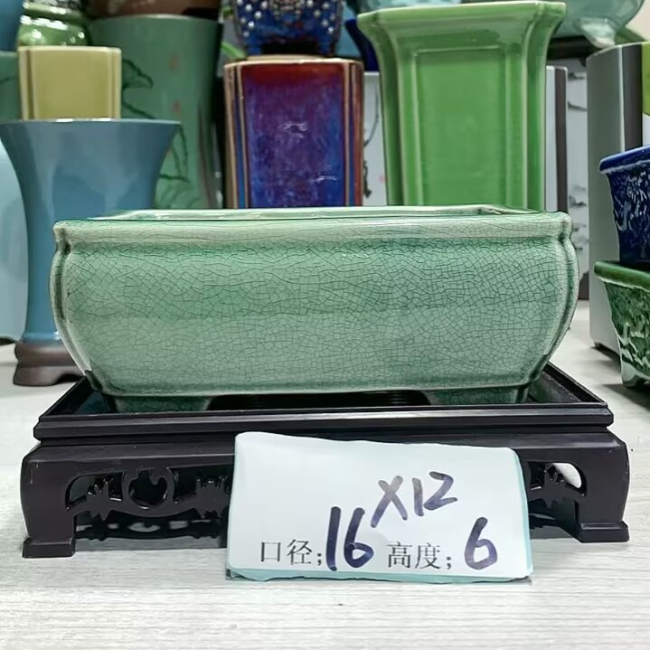 绿植盆石湾绿冰釉长方马槽盆16*12*6