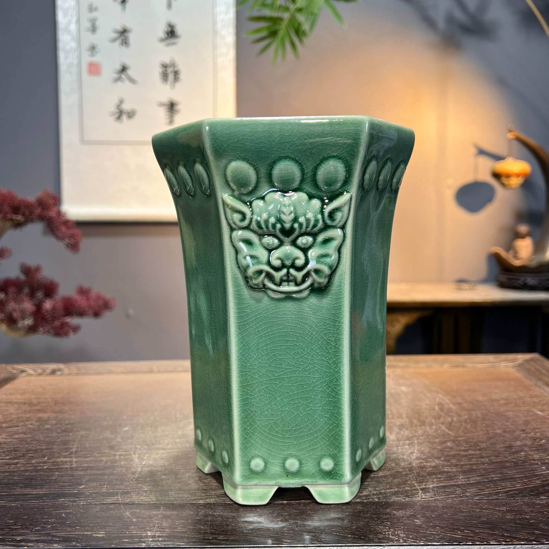 简约中国风绿冰釉高桩六方兽头兰花盆绿植造景盆景盆13*18cm