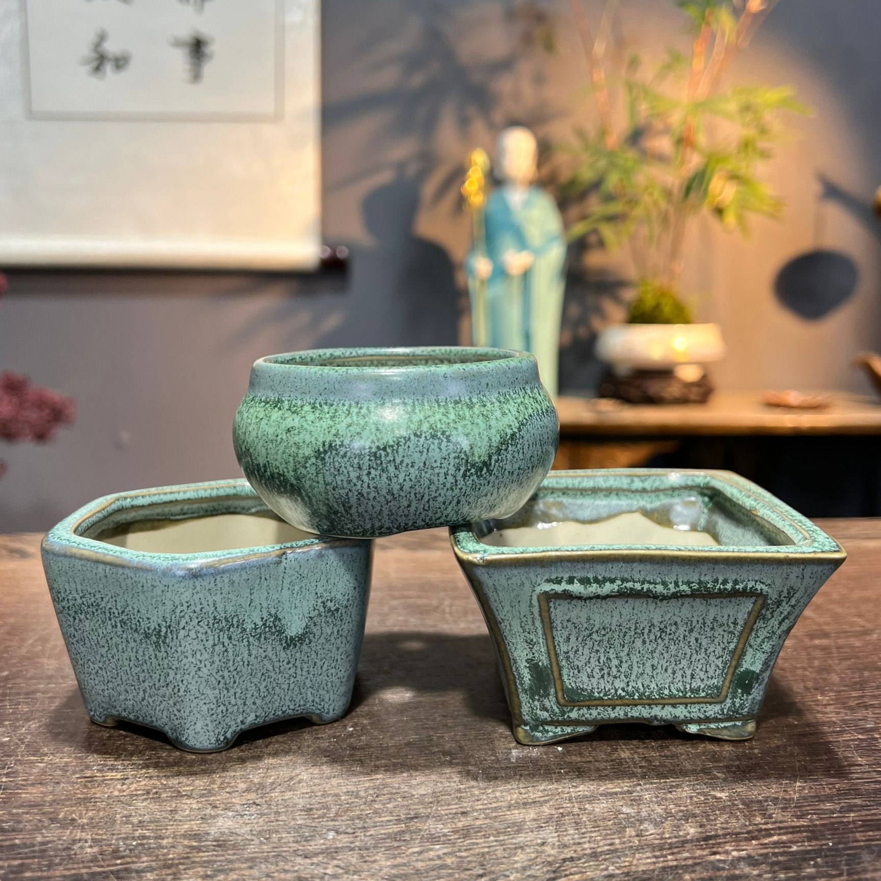 复古绿掌中宝花盆六方方形圆形绿植盆栽盆景造景盆三件套8*5CM