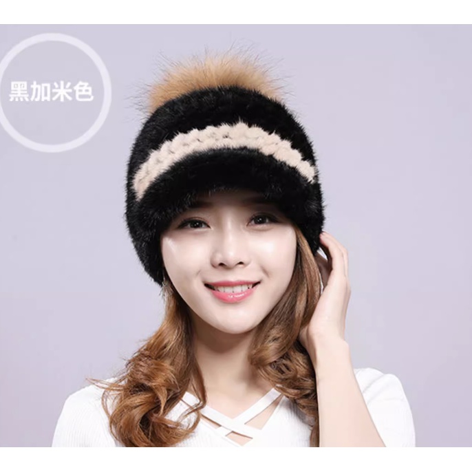 鸭舌帽子女新款时尚秋冬季皮草水貂毛棒球帽保暖貂皮帽狐狸球百搭