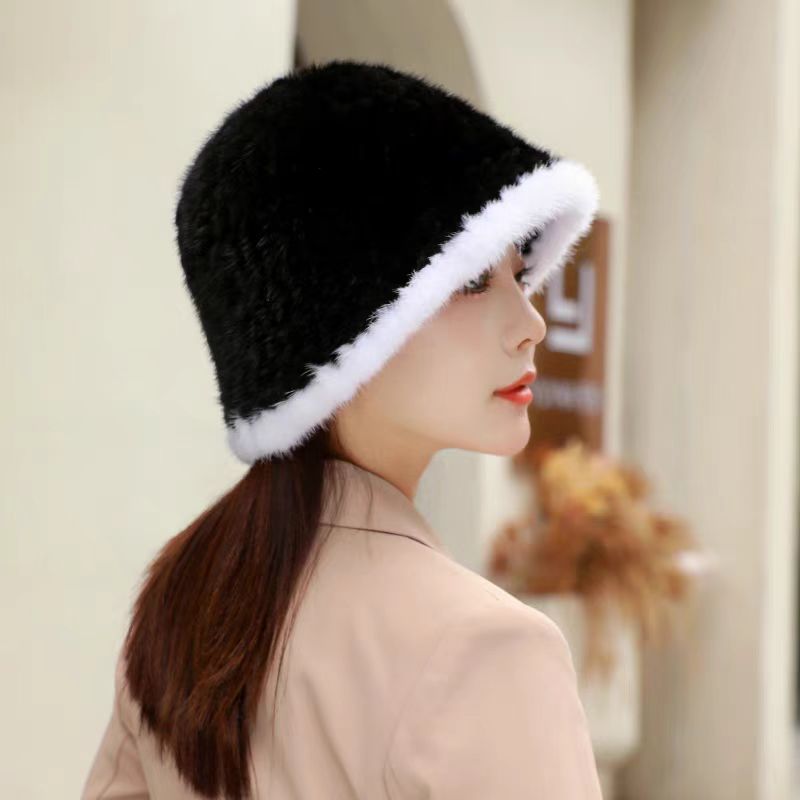 新款拼色水貂毛水桶帽女士秋冬季新款显脸小渔夫帽大头围帽子