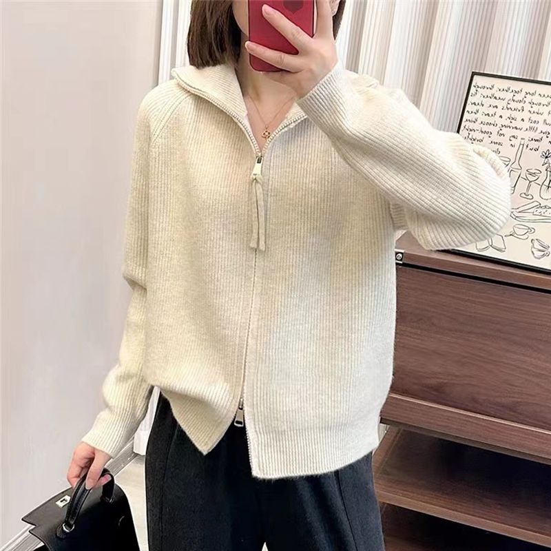 拉链高领毛衣外套2024秋冬新款加厚宽松翻领慵懒针织打底上衣开衫