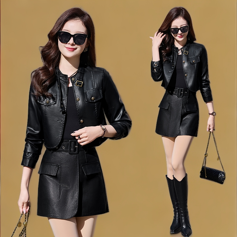 2025年新款海宁皮衣春秋季外套半身裙女显瘦气质洋气短款皮衣皮裙