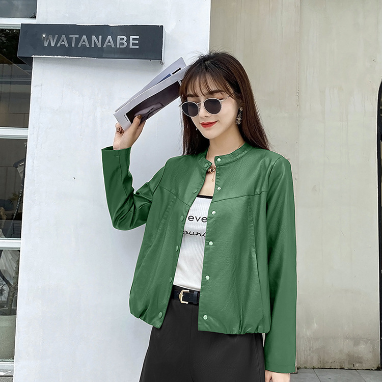 短款皮衣外套长袖2025春秋新韩版女士时尚休闲百搭圆领皮夹克修身