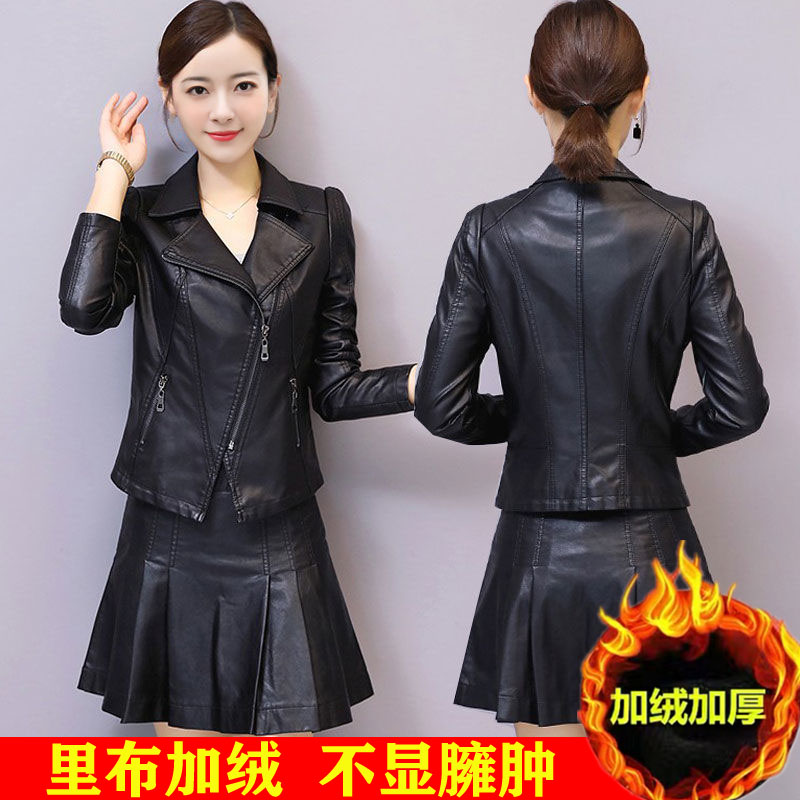海宁皮衣女2025秋冬时尚洋气皮夹克短外套修身加绒皮夹克外套大码