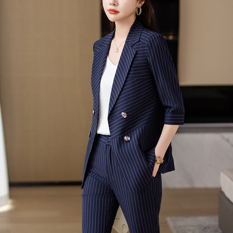 高定职业装女装2025春夏新款条纹时尚气质高级感修身通勤女士西服