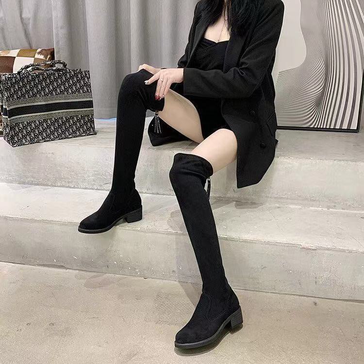 升级版高弹力厚底高筒显瘦羊京绒过膝百搭长靴粗跟弹力靴瘦瘦靴