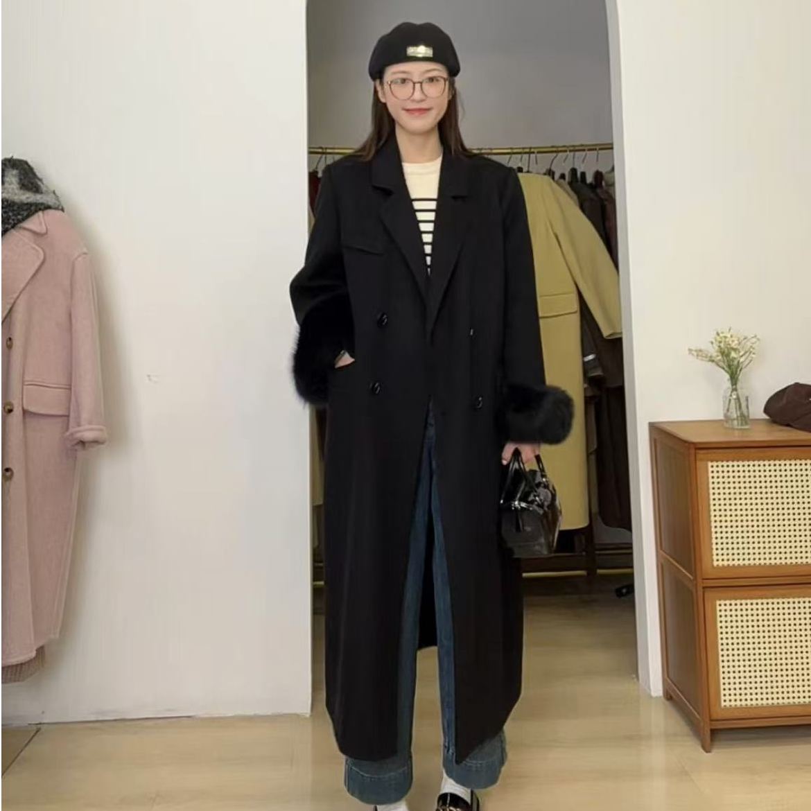  [南韩艺术生]新款加长白色长款毛呢气质时尚百搭女士中长款韩版