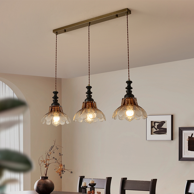 中古侘寂风餐厅吊灯胡桃木色简约个性艺术飞盘3头餐桌吧台小吊灯