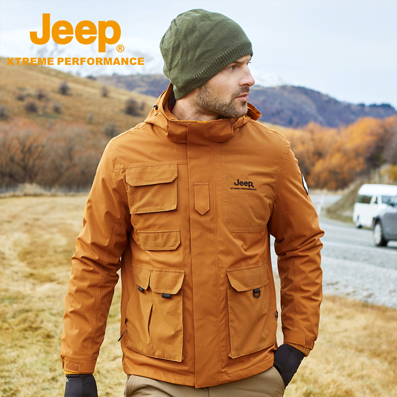 JEEP/吉普秋冬季男士户外保暖夹克衫防风抓绒两件套工装休闲外套