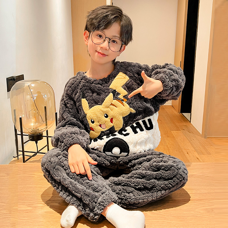 男童儿童珊瑚绒睡衣加绒加厚秋冬季法兰绒男孩冬天家居服中大童款