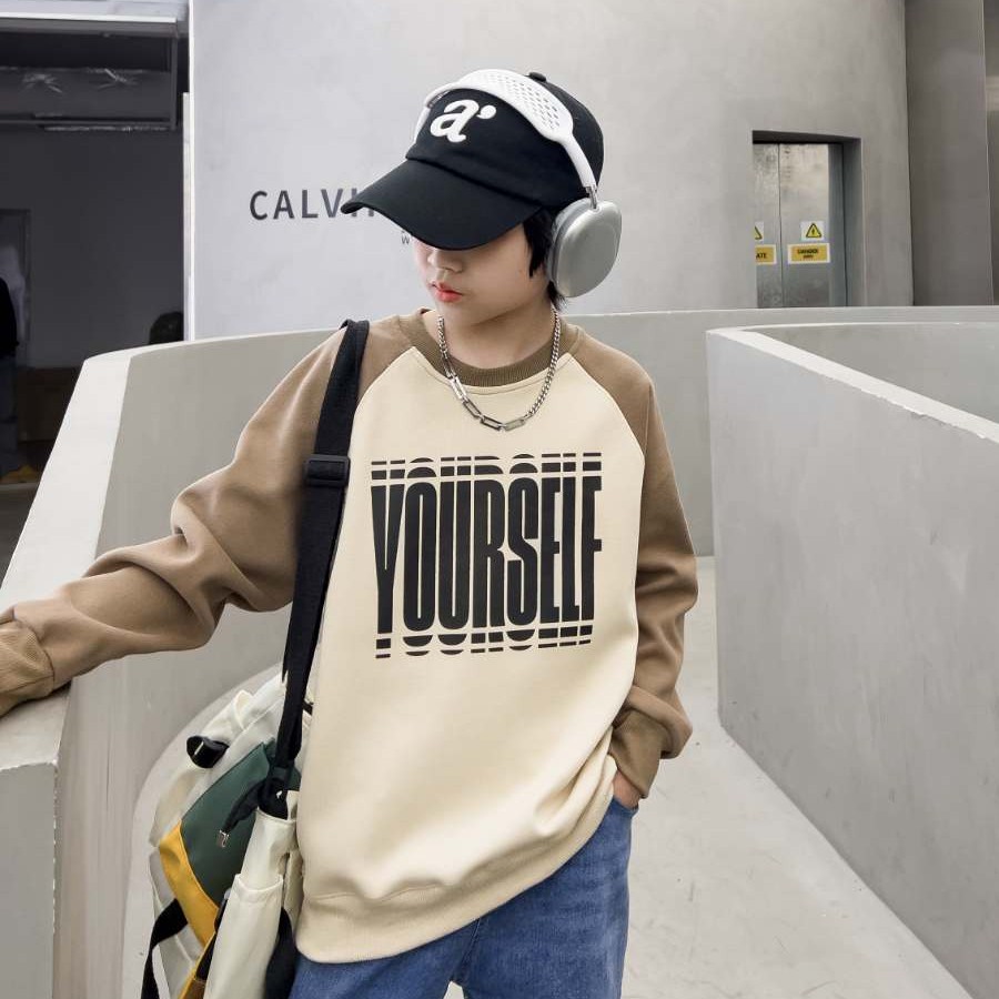 儿童卫衣新款秋款上衣中大童男女童洋气休闲圆领套头相拼印花长袖