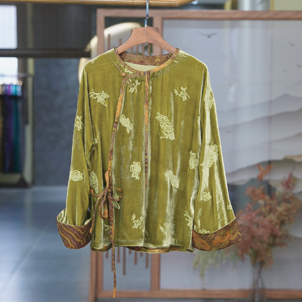 勾丝-【晏乔】良辰媄锦桑蚕丝国风圆领中式上衣长约62CM