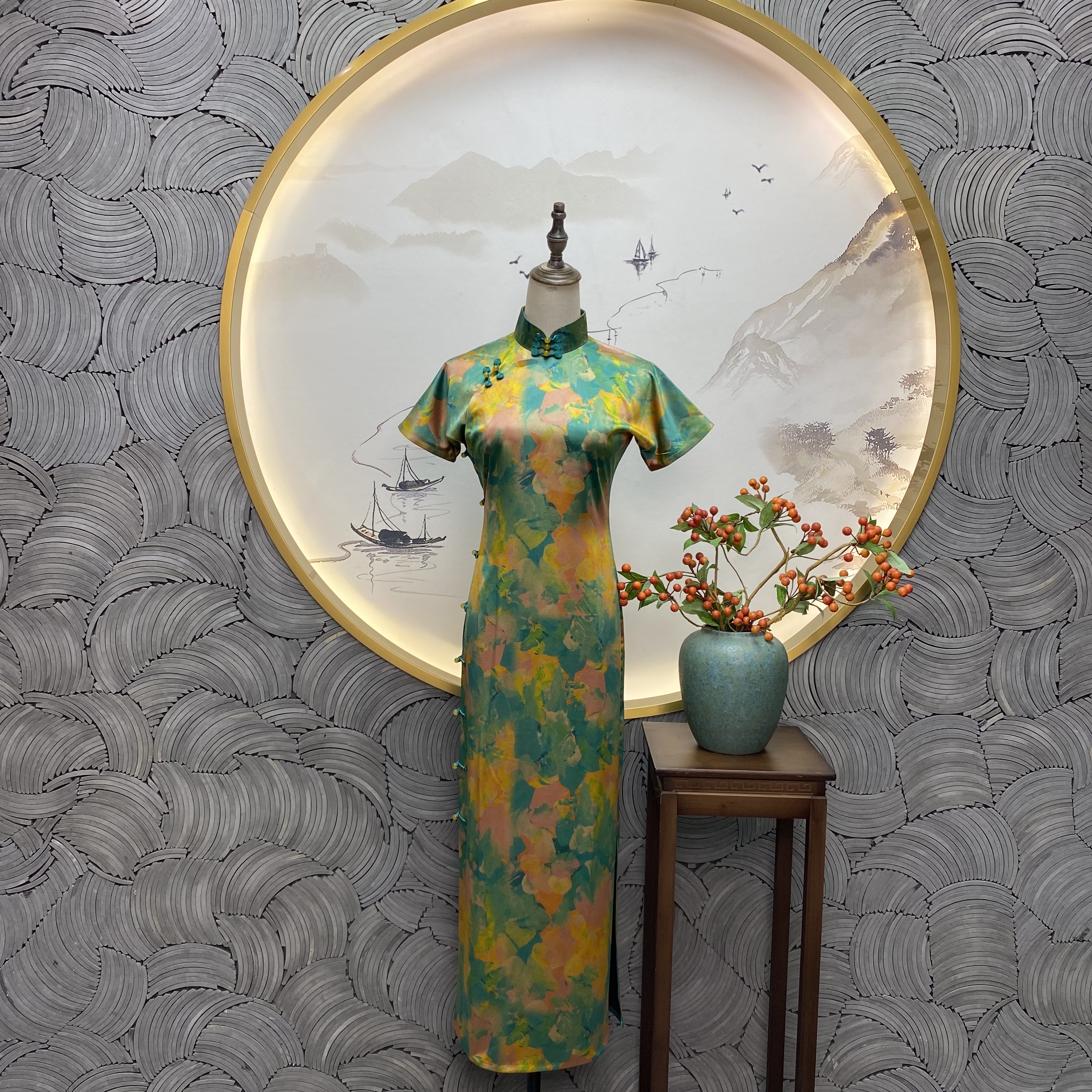 勾丝-【眠曲】良辰媄锦桑蚕丝香云纱手工中长款旗袍衣长约130CM