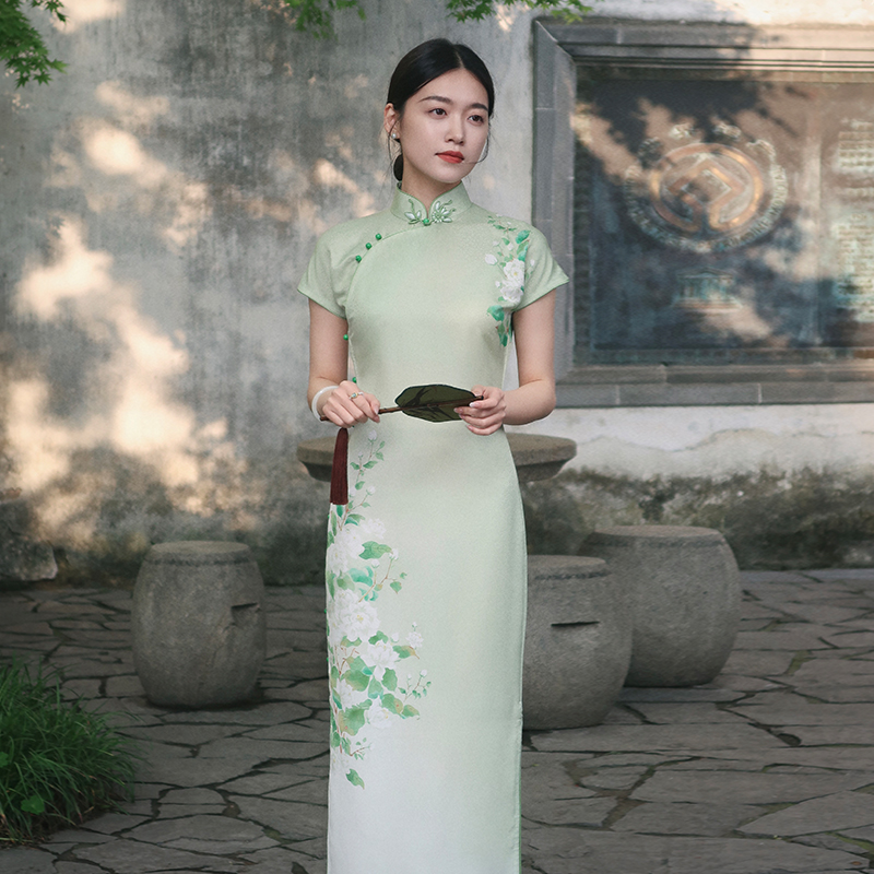 勾丝-【白鹭】良辰媄锦桑蚕丝全手工中长款旗袍衣长约125CM