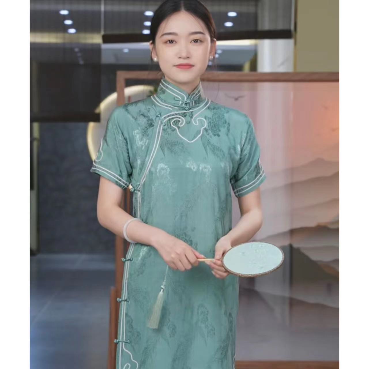 勾丝-【胭脂】良辰媄锦全开襟中长款旗袍长约118CM