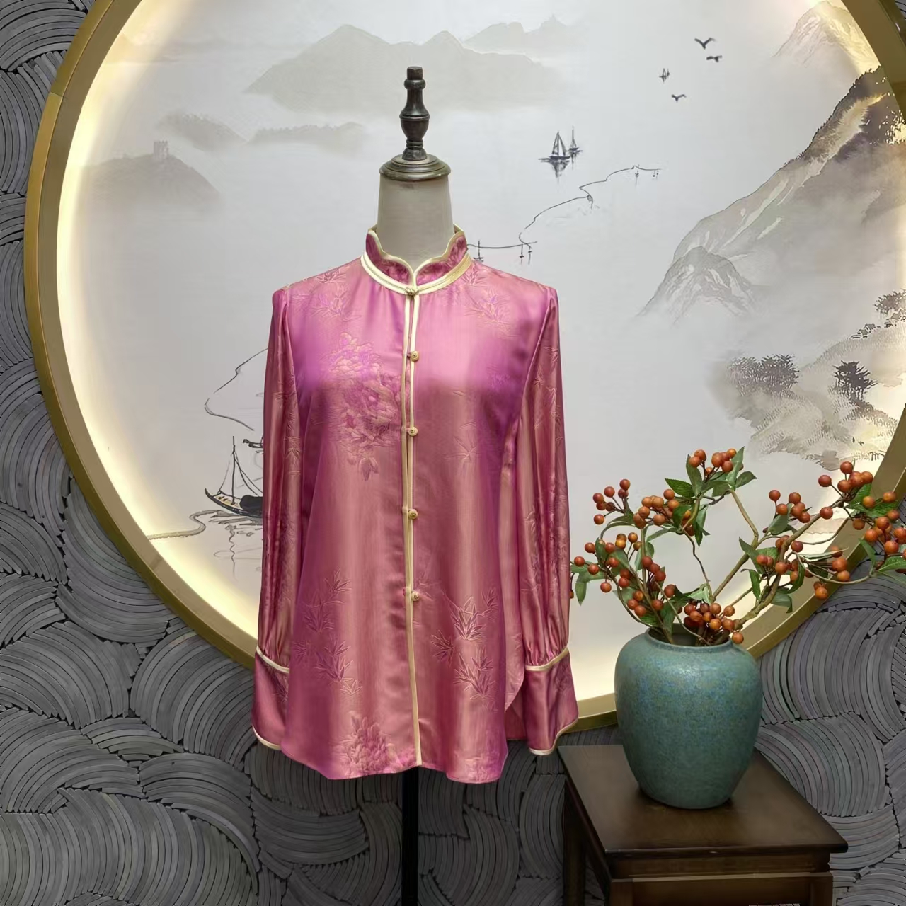 勾丝-【流光溢彩】良辰媄锦桑蚕丝国风长袖衬衫衣长约65CM