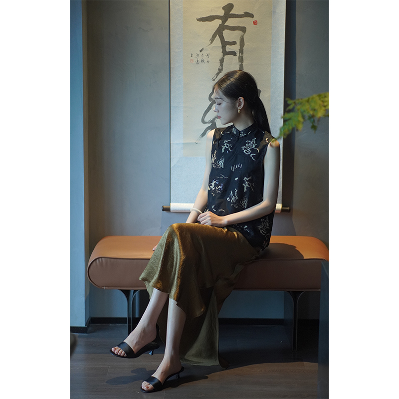 勾丝-【松上月】良辰媄锦桑蚕丝新中式国风手工马甲衣长约58CM