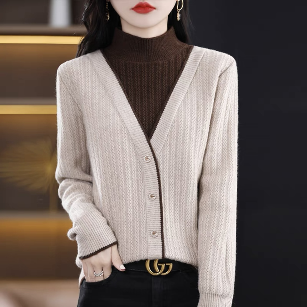 【现货】200斤可穿高品质半高领毛衣秋冬2025假两件拼接百搭长袖Y68