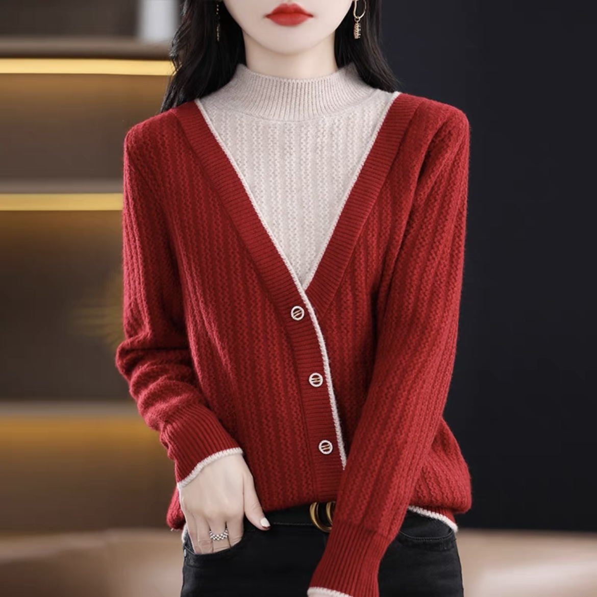 【现货】高品质毛衣女秋冬2026新款假两件拼接长袖半高领时尚Y68