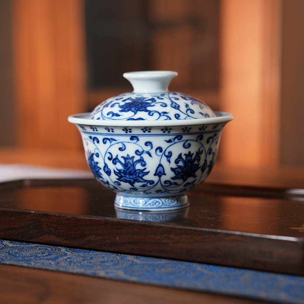 【小乔赏瓷】青尧缠枝花心压手盖碗（xygy201）