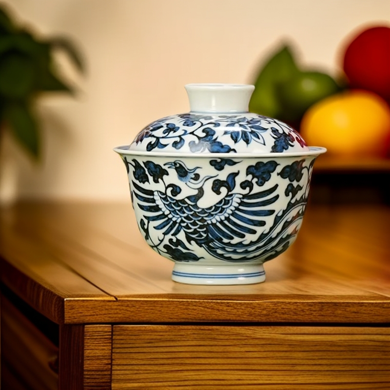 【小乔赏瓷】景德镇手工手绘元青花麒麟追凤盖碗