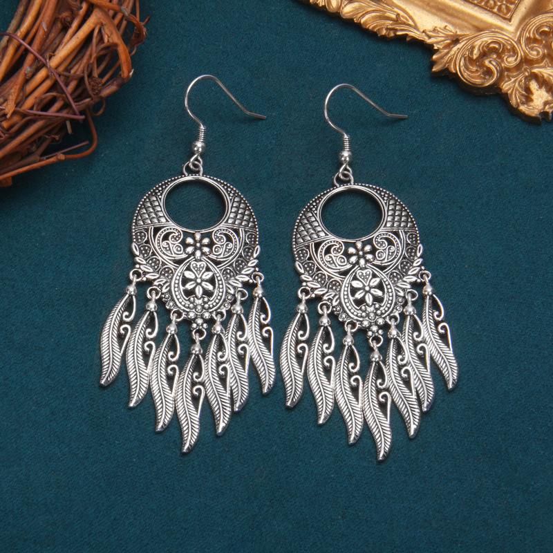 925银耳饰 s925纯银鸿运当头复古民族风气质流苏镂空风铃羽毛耳环