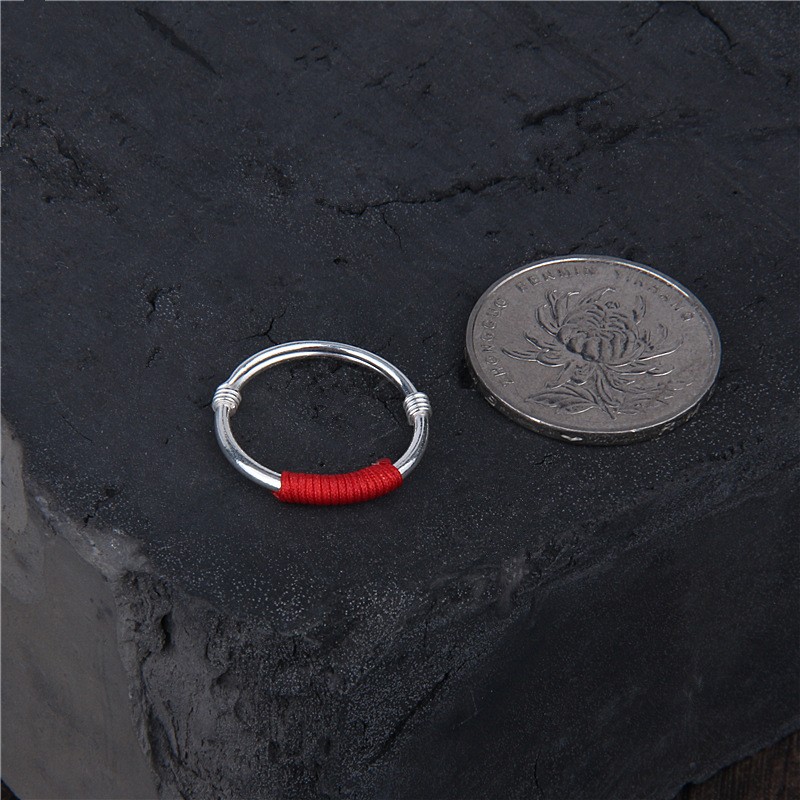 足银戒指 简约情侣银戒S99纯银小众简约红绳缠绕素圈推拉指环