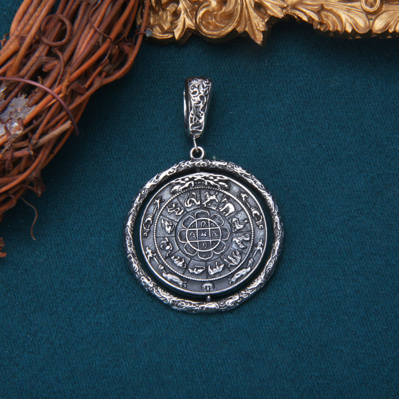 吊坠925银 s925纯银国潮复古十二生肖九宫八卦金刚杵转运牌吊坠