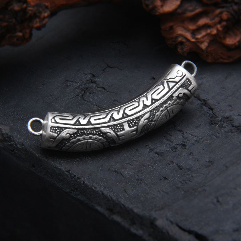 吊坠足银 S999足银手工DIY做旧中国民族风印花弯管链接双环吊坠