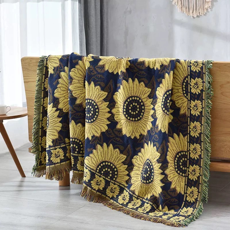 【180*230蓝葵粗线盖巾】怀旧桌台布棉麻复古双面加厚盖布