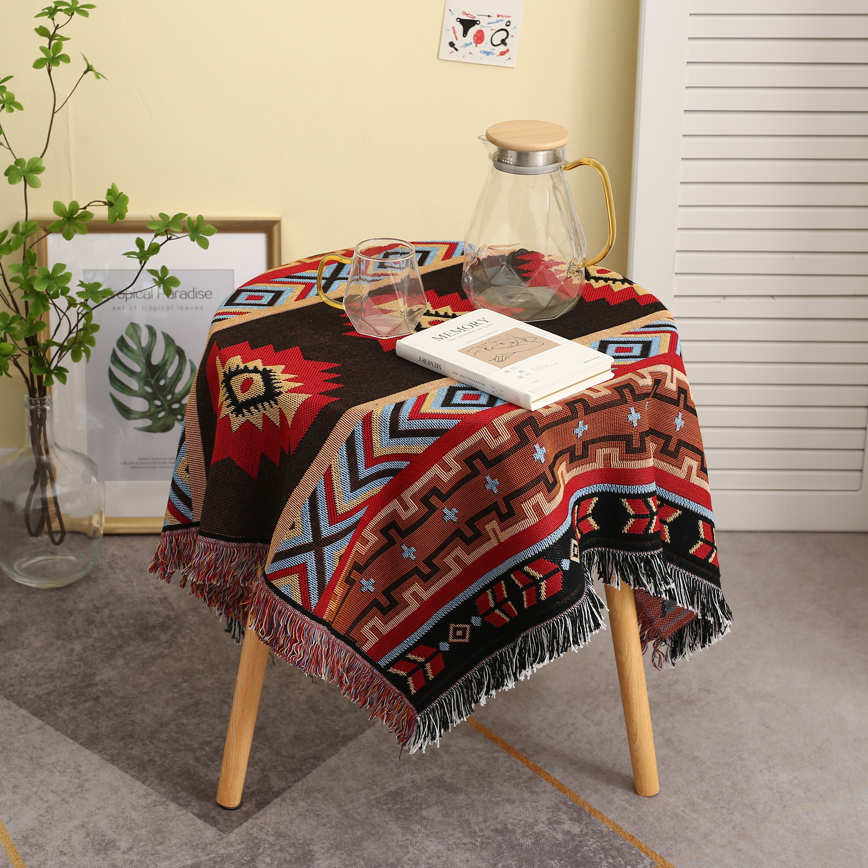 【吉利姆】民族几何棉麻莫兰迪色蕾丝桌布茶几布高级感圆桌布餐桌布