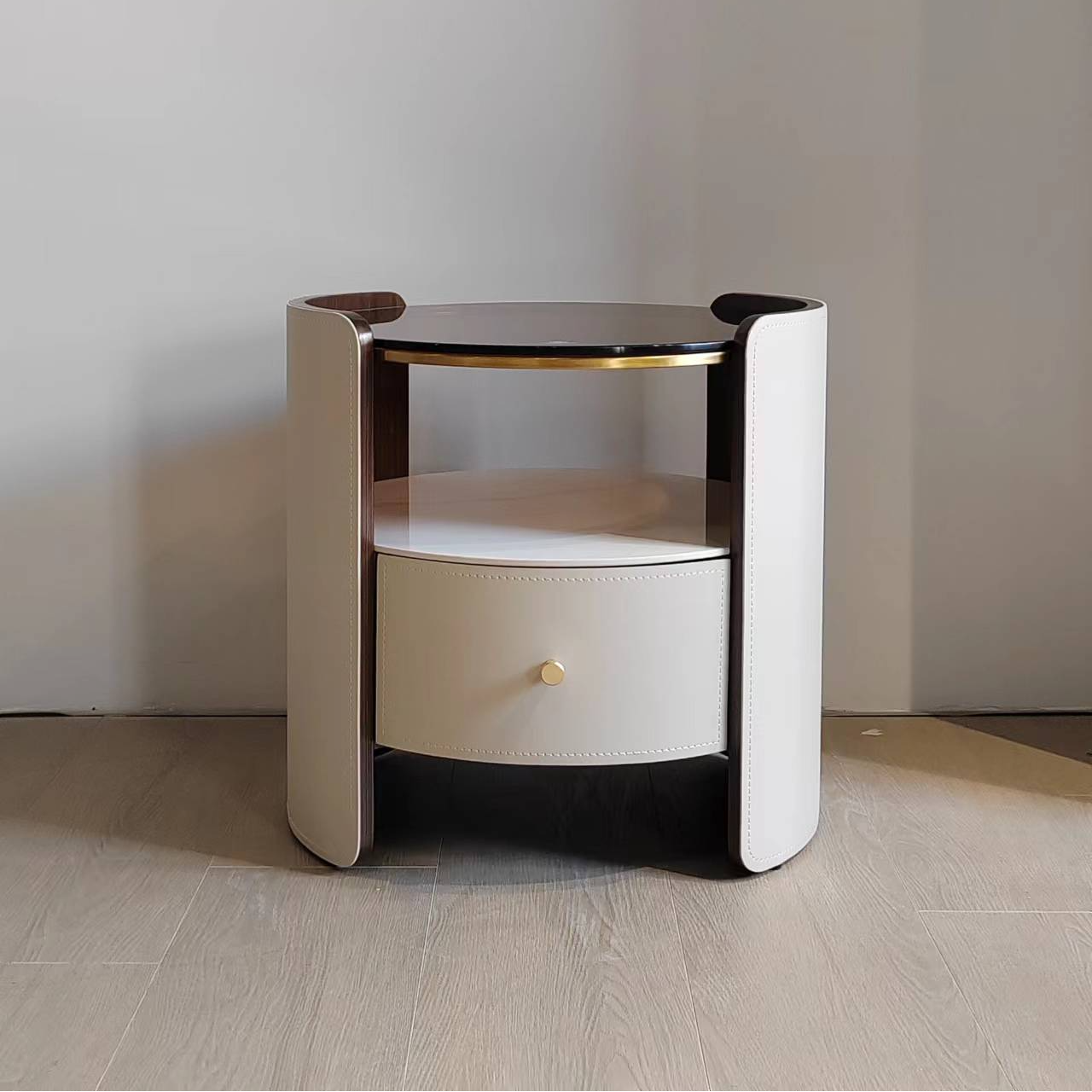 意大利极简设计师款床头柜轻奢高档实木大气创意储物床边柜圆形