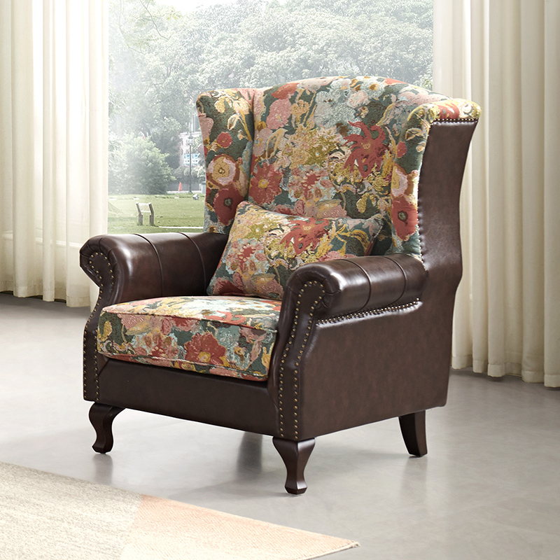 美式布艺老虎椅单人实木卧室沙发复古客厅休闲椅子高背家用老虎凳