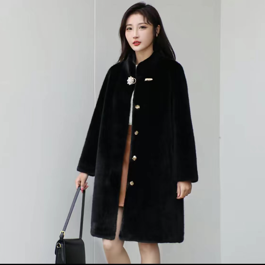 时尚贵族雪兰貂绒皮毛一体大衣外套（中长款）