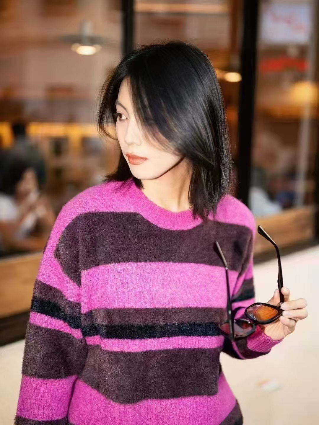 【俪妍】长袖圆领针织衫慵懒风拼色设计时尚宽松毛衫