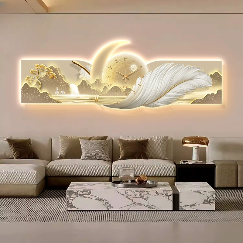 新款高级感羽毛餐厅山水沙发背景墙壁灯现代轻奢客厅装饰画钟表