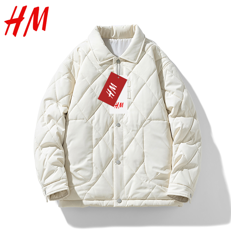 HM线上官网菱形格棉衣男款冬季棉服宽松潮流加厚情侣保暖外套潮