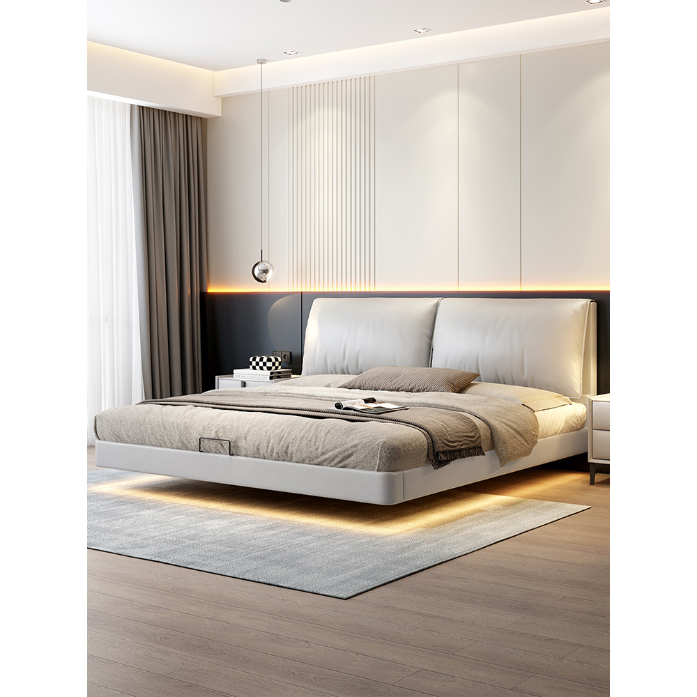 极简悬浮床真皮床轻奢现代简约齐边软包双人婚床主卧大床