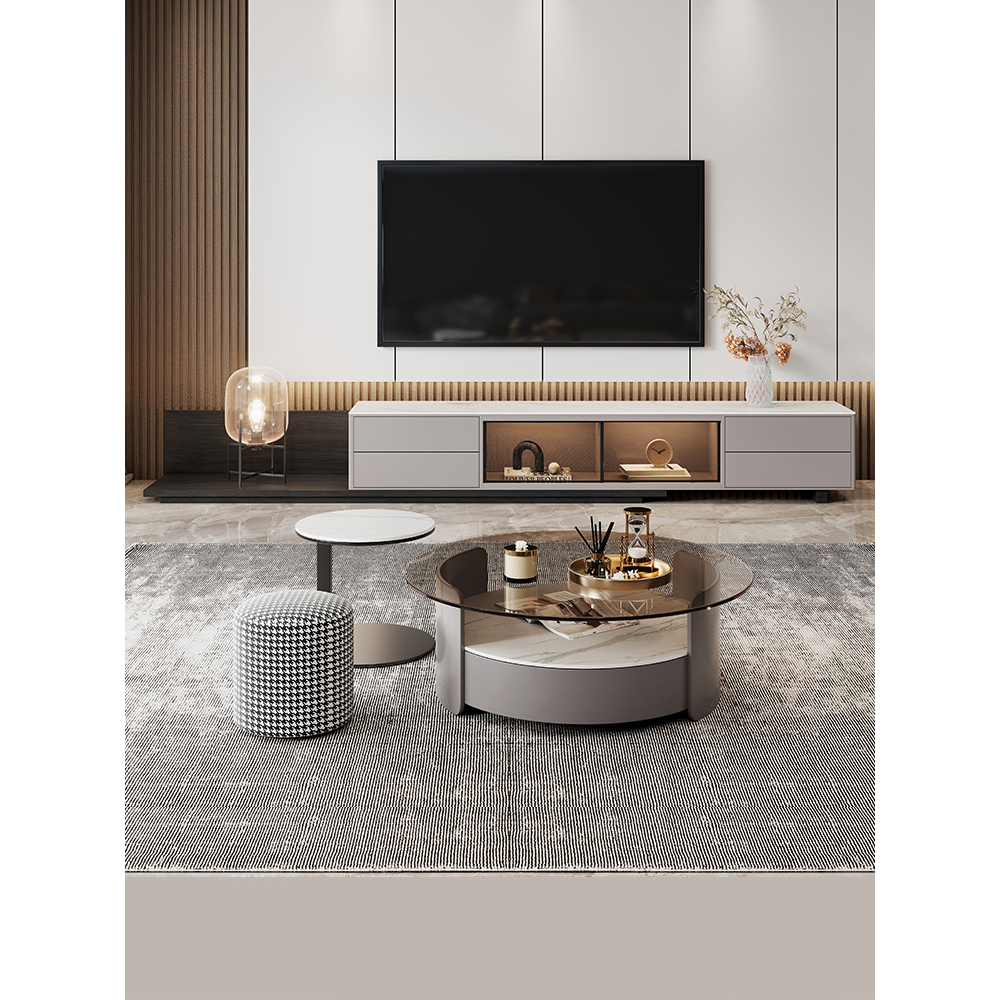 岩板茶几电视柜组合轻奢现代简约客厅小户型圆形玻璃茶几桌极简