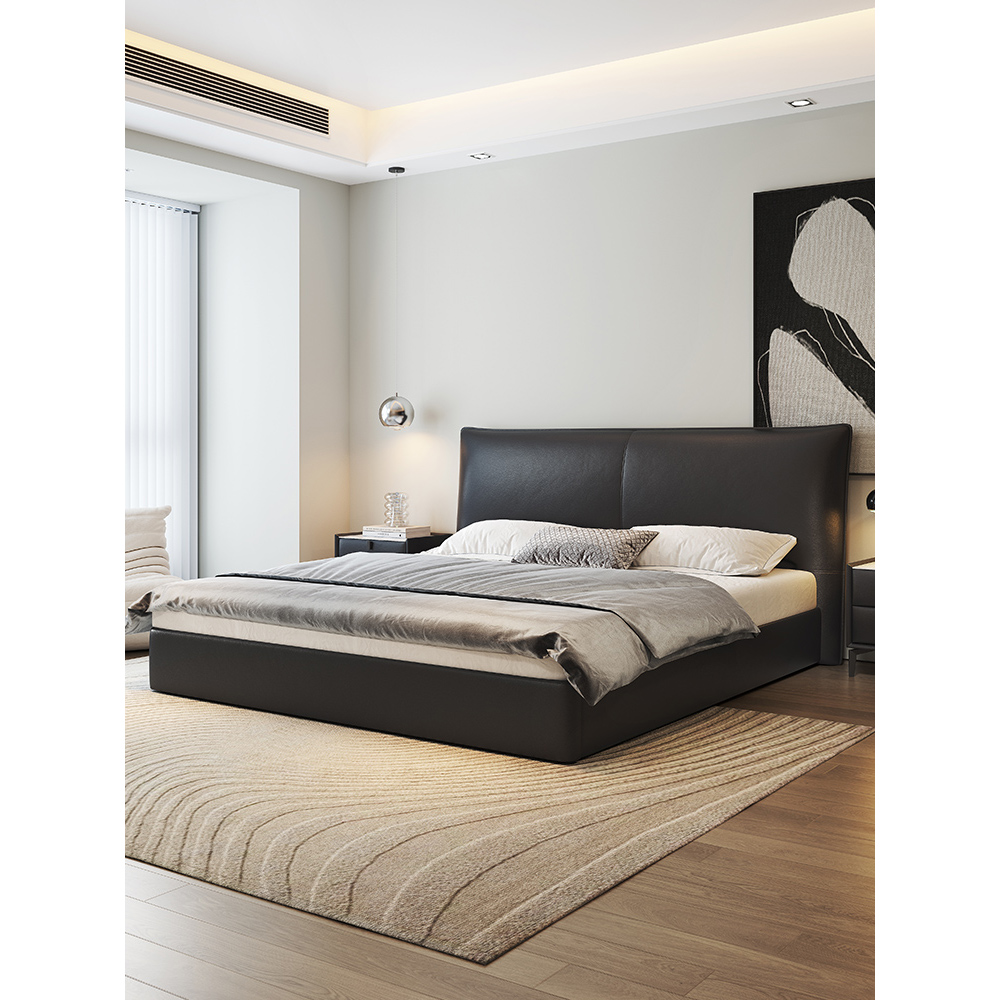 香奈尔真皮床主卧高端大气双人婚床轻奢现代简约黑色高箱床