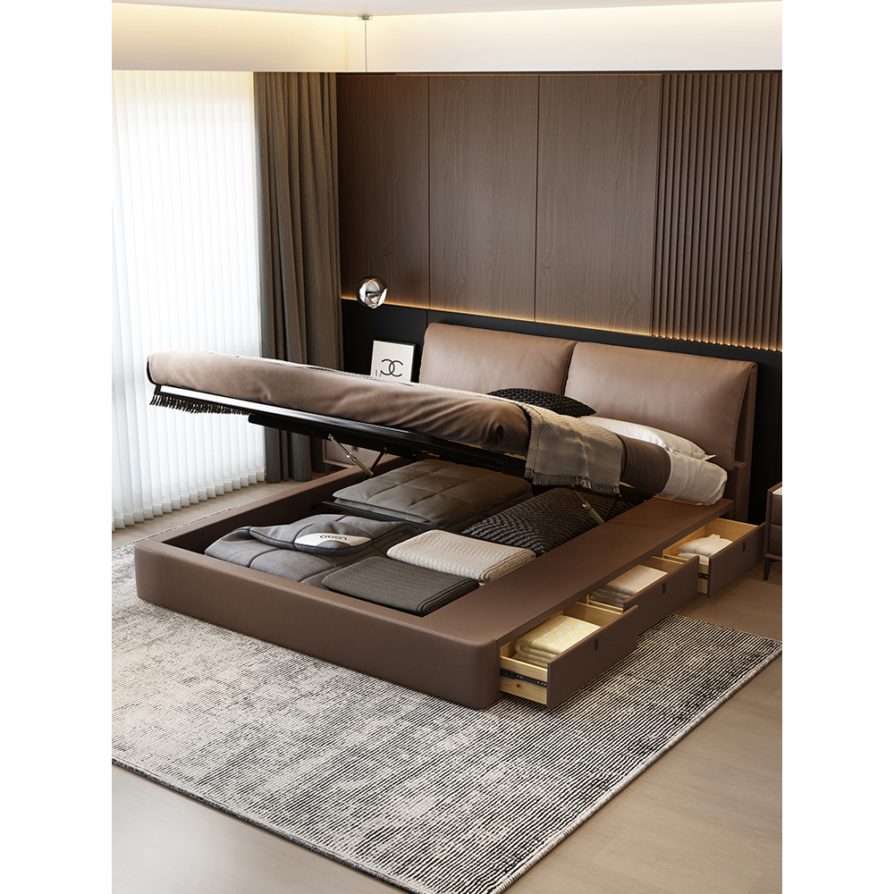 大象耳朵齐边储物床意式主卧大床软包婚床意式高箱床双人真皮床