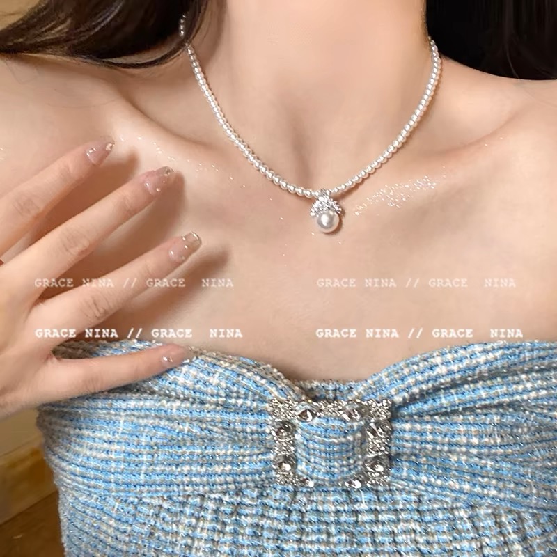 铜合金项链 妙龄小富婆！闪锆皇冠珍珠吊坠项链轻奢小众高级锁骨链