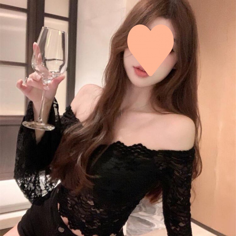 辣妹纯欲性感方领喇叭袖收腰显瘦显身材蕾丝上衣女秋季