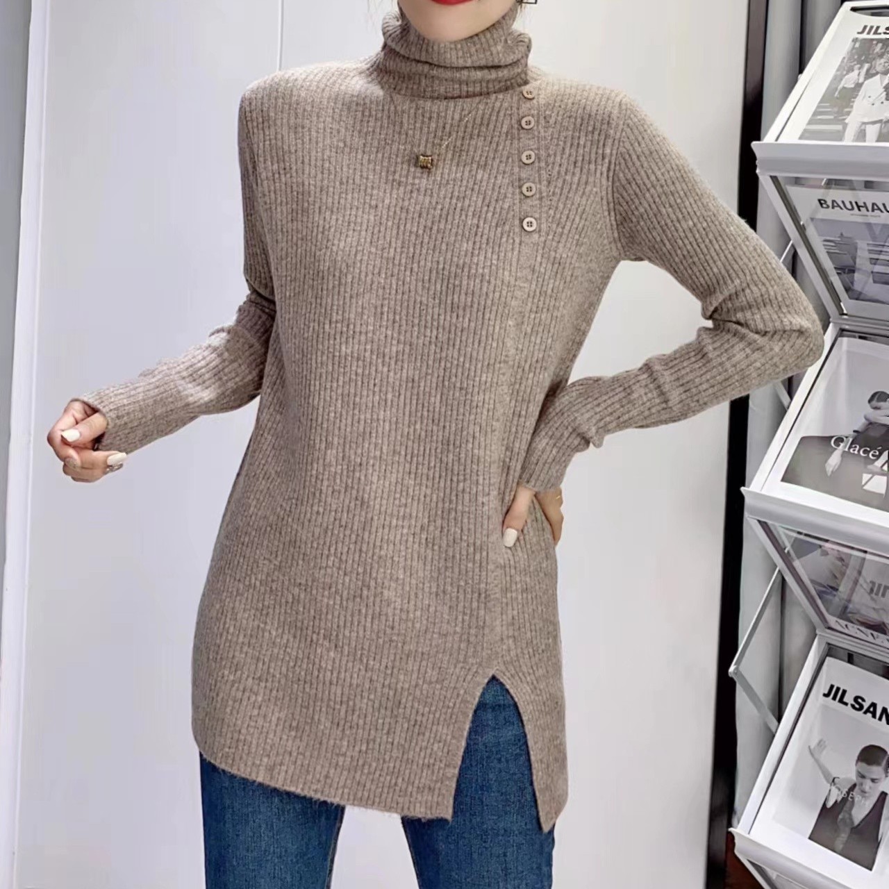 开叉高领打底衫女秋冬季坑条毛衣修身百搭半高领中长款高领毛针织