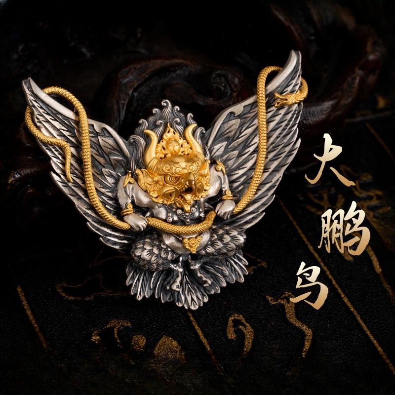 吊坠925银 个性纯银创意国潮雕刻霸气金翅大鹏鸟项链吊坠挂件项坠