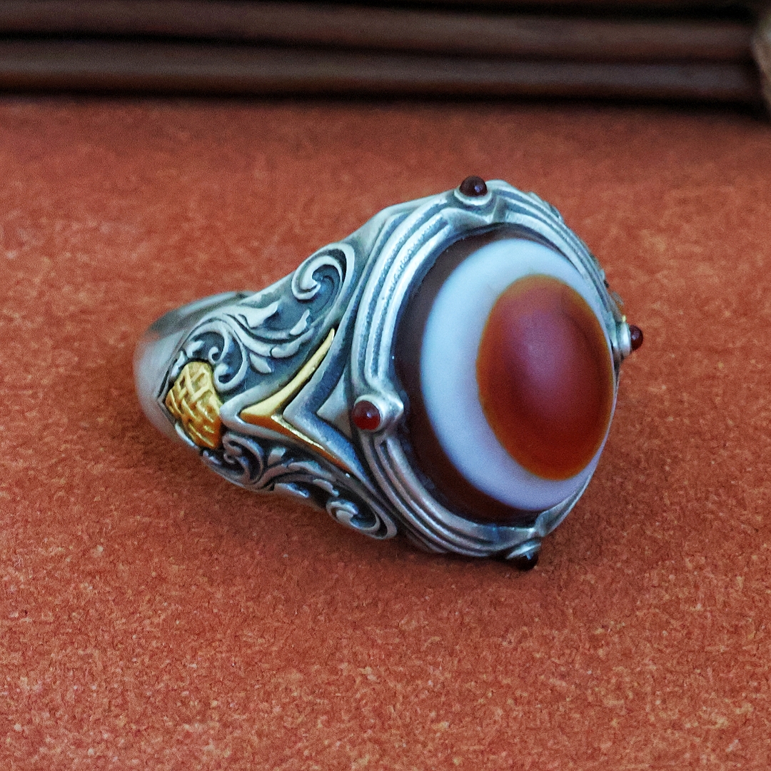 925银戒指 镀金个性复古原创镶嵌羊眼板珠吉祥如意活口可调节戒指