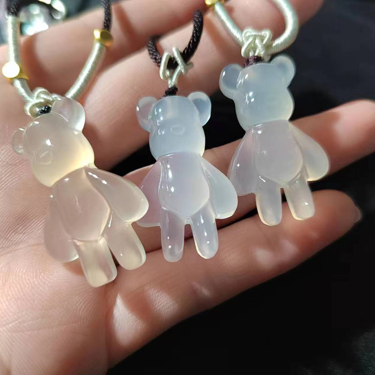 天然原色玛瑙熊熊挂件项链香槟白月光高冰透无优化